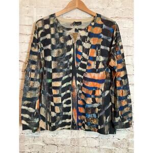 New Directions Top Womens Medium Rust Aztec Print Beaded Stretch Watercolor